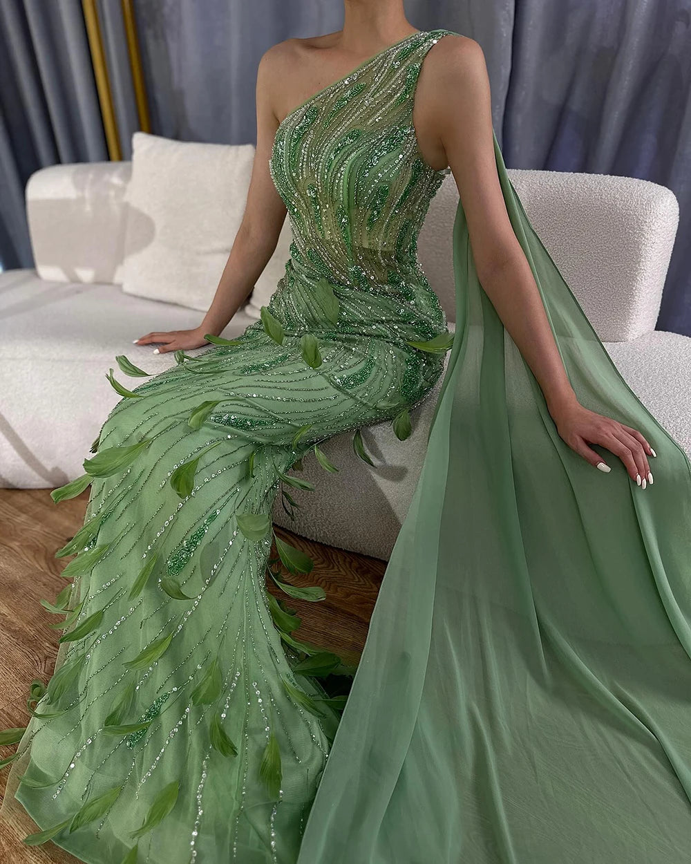 Green One-Shoulder Beaded Feathers Evening Gown with Side Cape Shawl LA72698 - SERENE HILL