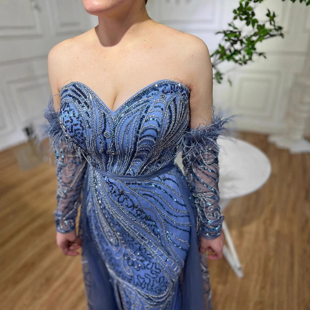 Luxury Arabic Nude Mermaid High Split Feather Beaded Evening Dress LA71910 - SERENE HILL
