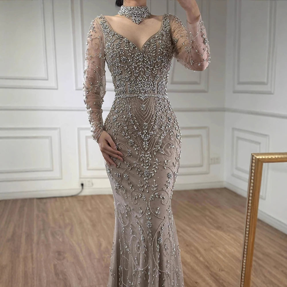 Luxury Caramel Beaded Crystal Mermaid Evening Dress Long Sleeves LA73042B - SERENE HILL