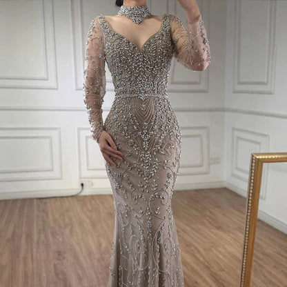 Luxury Caramel Beaded Crystal Mermaid Evening Dress Long Sleeves LA73042B - SERENE HILL