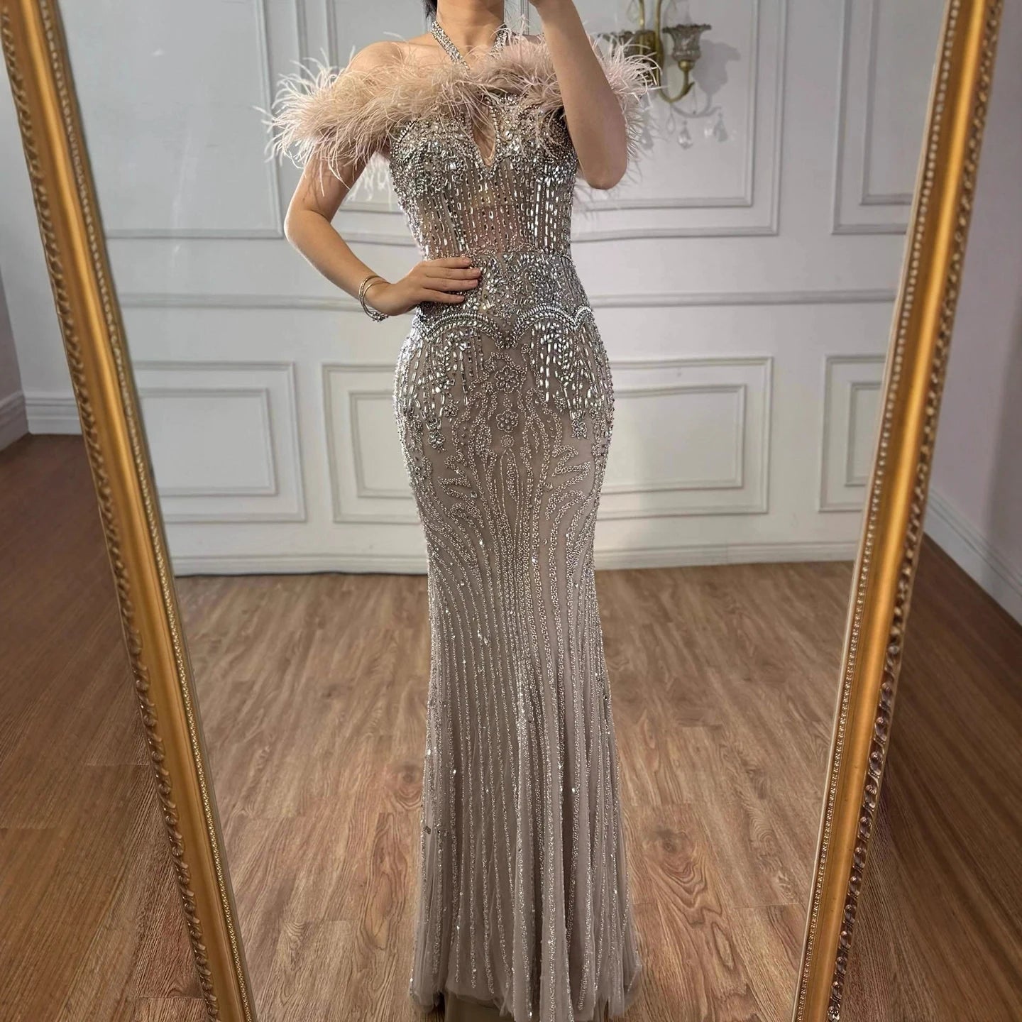 Luxury Nude Halter Feather Crystal Evening Dress LA73349 - SERENE HILL