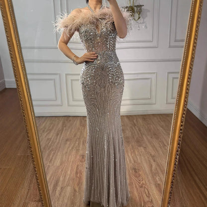 Luxury Nude Halter Feather Crystal Evening Dress LA73349 - SERENE HILL