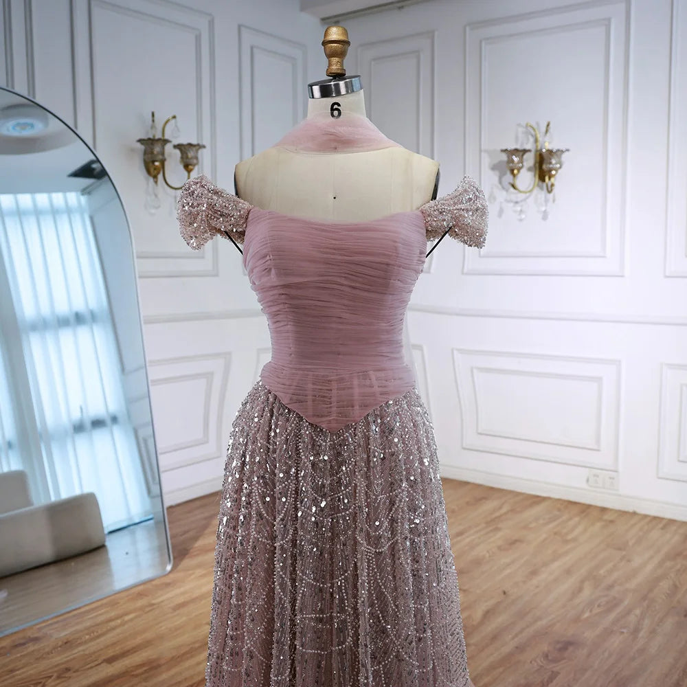 Luxury Arabic Pink Pearls Beaded Evening Dress With Cape LA72922 - SERENE HILL