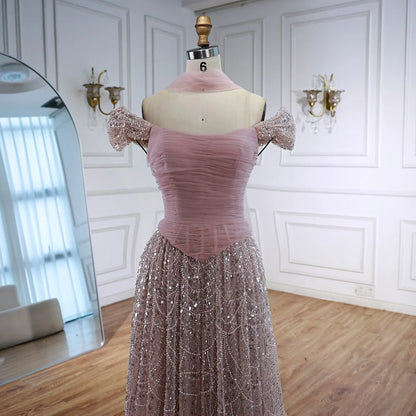 Luxury Arabic Pink Pearls Beaded Evening Dress With Cape LA72922 - SERENE HILL