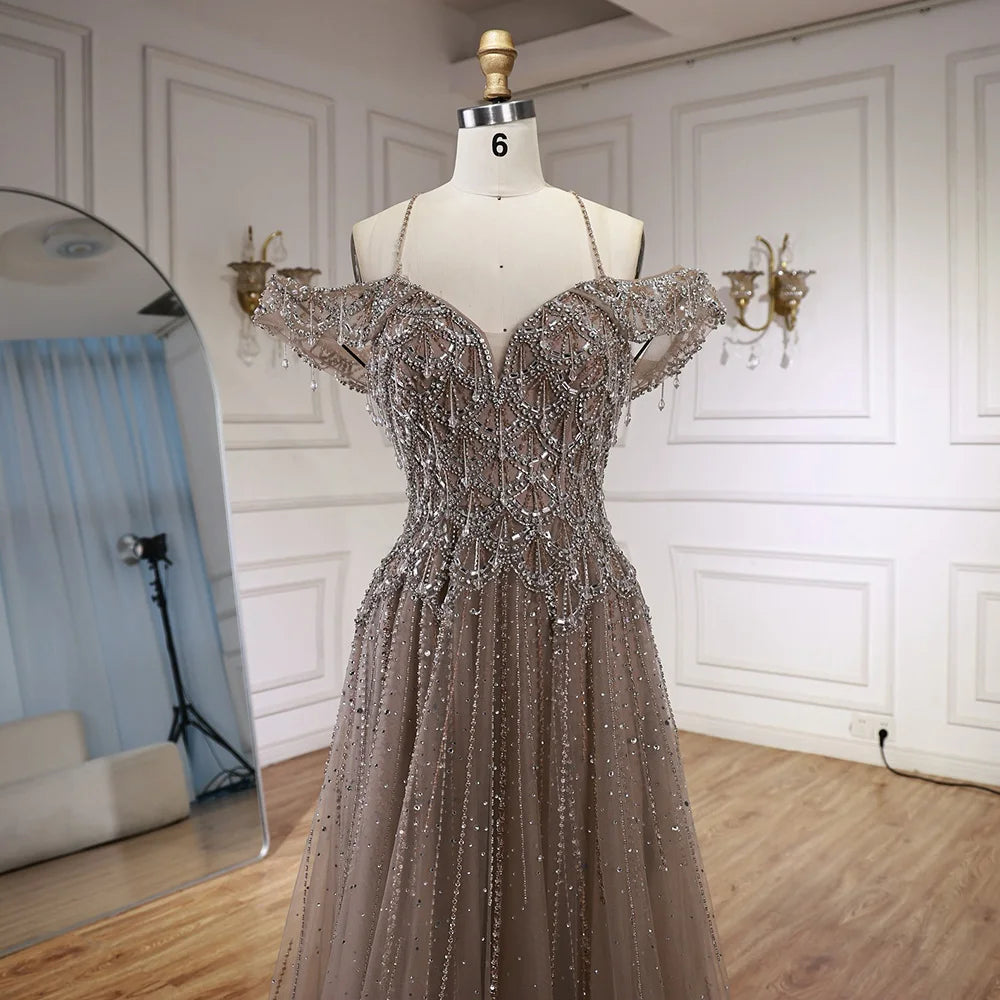 Luxury Arabic Caramel Off Shoulder Beaded A Line Evening Dress LA71606 - SERENE HILL