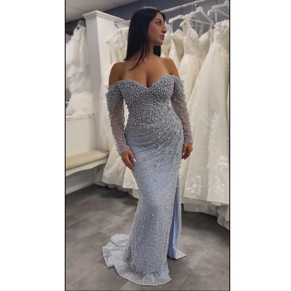Luxury Dubai Blue Beaded Mermaid Evening Dresses Formal Party Gowns LA72885 - SERENE HILL