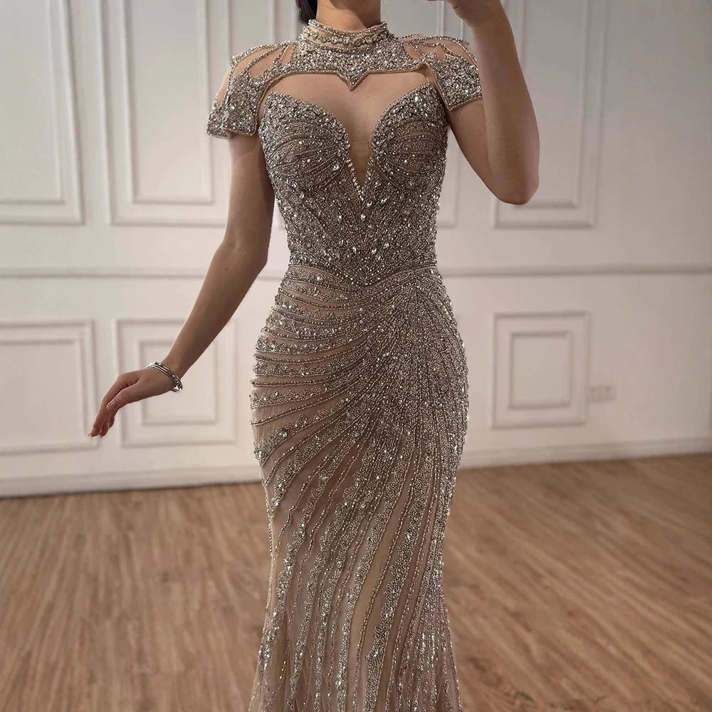 Nude Mermaid Evening Dress with Detachable Beaded High Neck LA73087 - SERENE HILL
