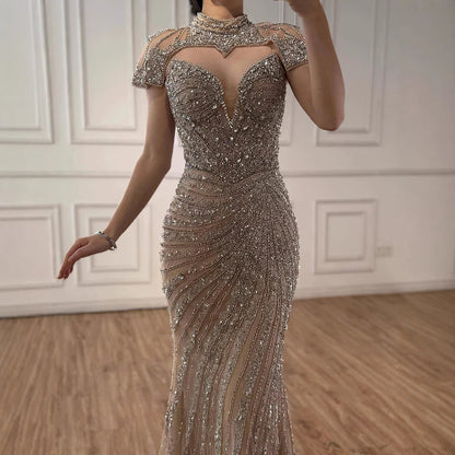 Nude Mermaid Evening Dress with Detachable Beaded High Neck LA73087 - SERENE HILL