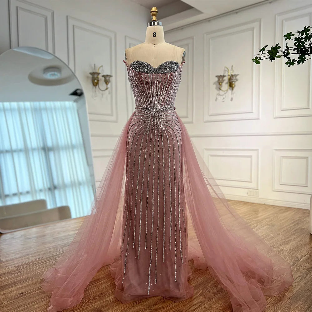 Pink Pearls Beaded Arabic Mermaid Evening Dress with Overskirt LA72811B - SERENE  HILL