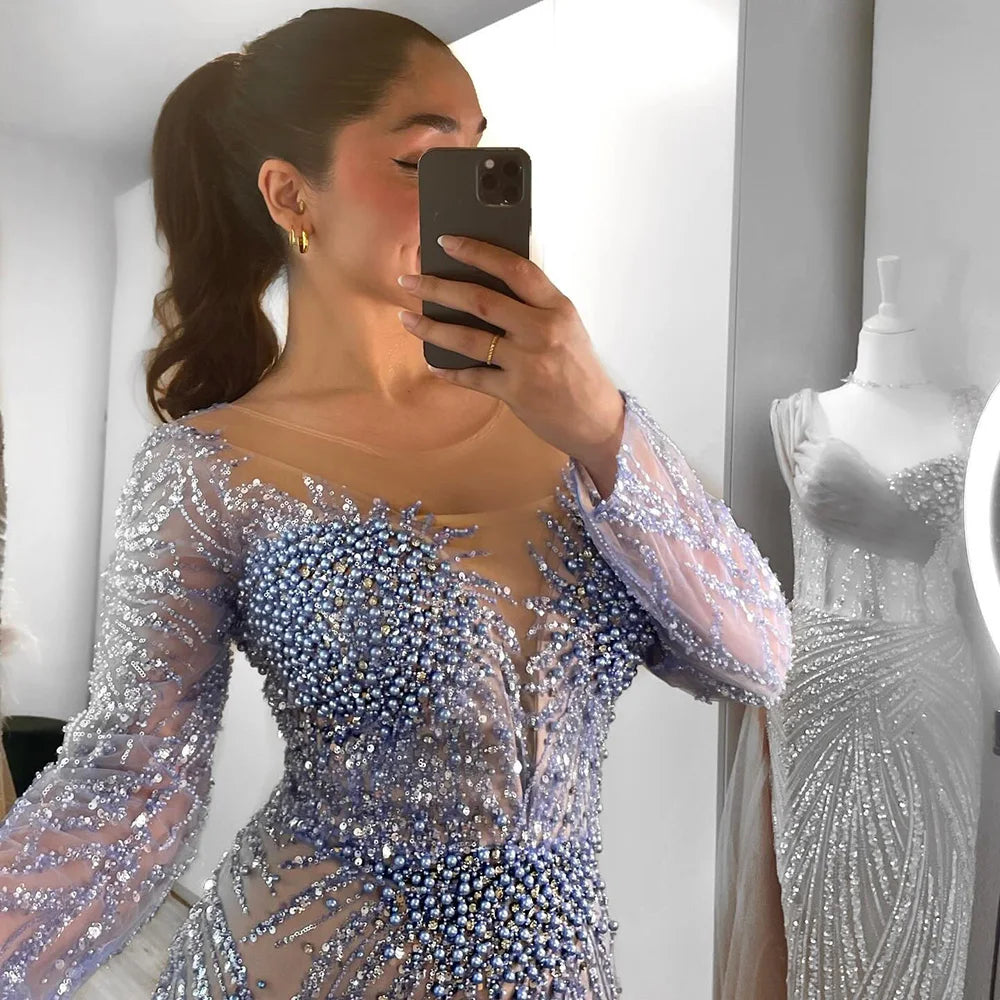 Serene Hill Blue Elegant Mermaid Dubai Arabia Luxury Beaded Pearls Evening Dresses Gowns 2025 For Women Wedding Party LA72264 - SERENE HILL