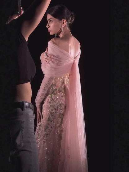 Luxury Pink Beaded Mermaid Evening Dress with Sheer Cape LA73346 - SERENE HILL