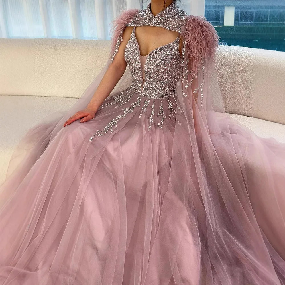 Luxury Dubai Arabic Beige A-Line Feathers Long Cape Luxury Beaded Saudi Evening Dresses Gowns for Formal Occasion LA72722 - SERENE HILL
