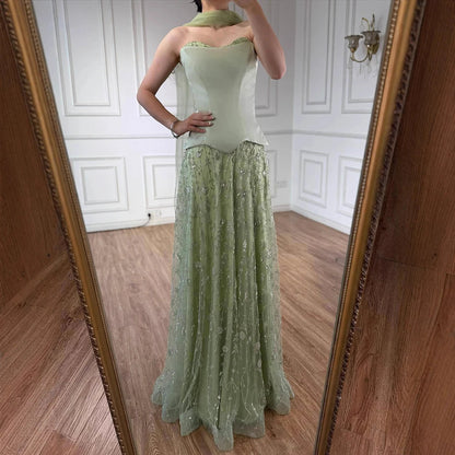 Luxury Sage Green and Pink Arabic Beaded Evening Dress LA72805D - SERENE HILL