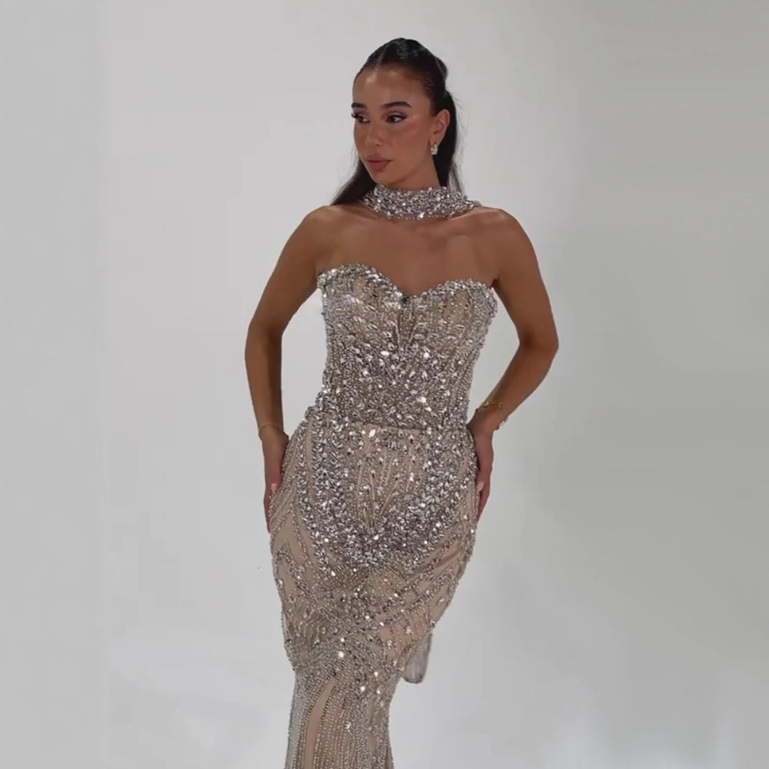Luxury Nude Crystal Beaded Mermaid Evening Dress LA73375 - SERENE HILL