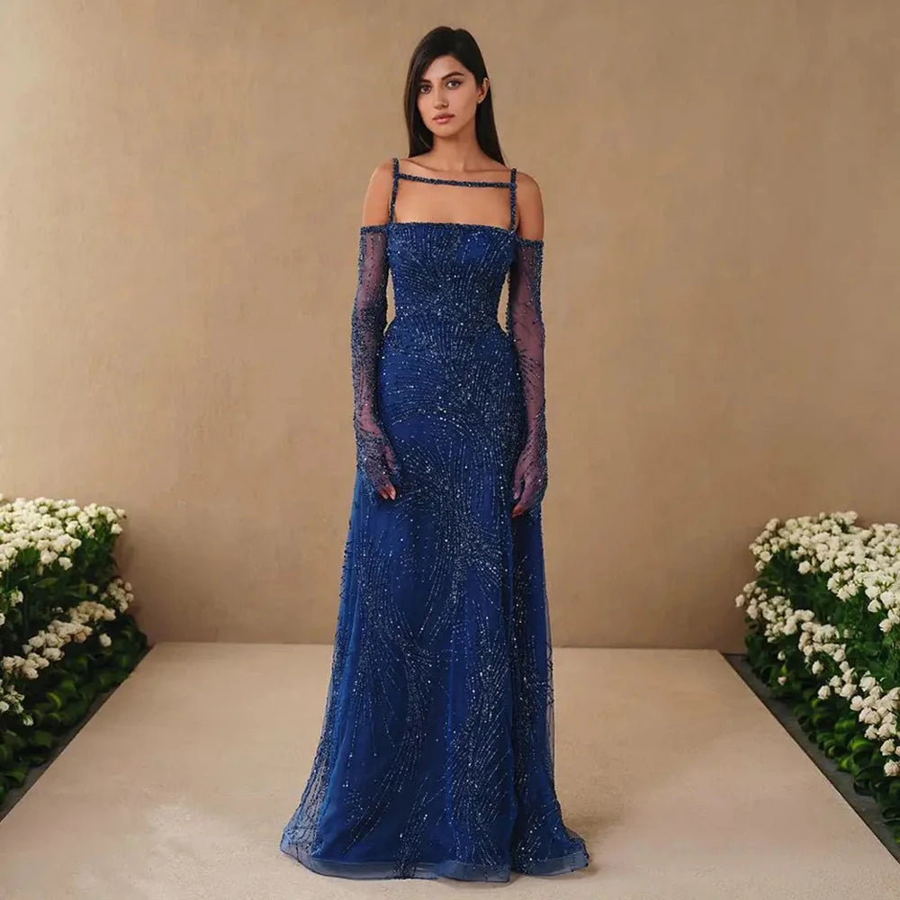 Serene Hill Arabic Navy Blue A-Line Spaghetti Strap Beaded Long Evening Dresses for Women Elegant Party 2025 LA72469 Navy Blue / 2
