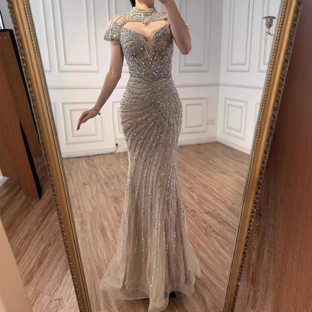 Nude Mermaid Evening Dress with Detachable Beaded High Neck LA73087 - SERENE HILL