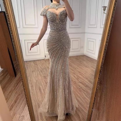 Nude Mermaid Evening Dress with Detachable Beaded High Neck LA73087 - SERENE HILL