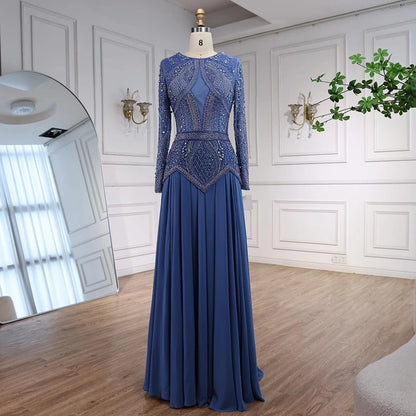 Luxury Designer Blue Beaded Evening Dress with Long Sleeves LA72962 - SERENE HILL
