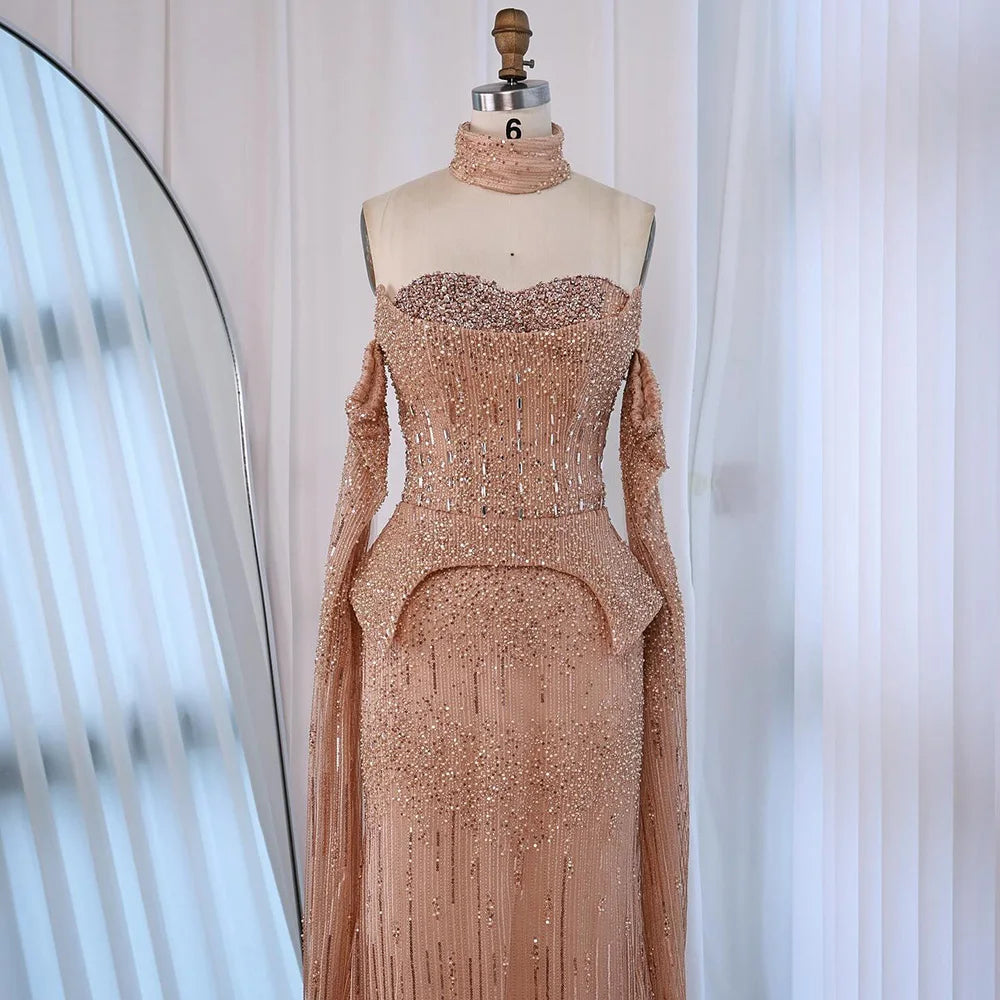 Luxury Gray Beaded Off-Shoulder Evening Dress with Cape Sleeves LA73076 - SERENE HILL