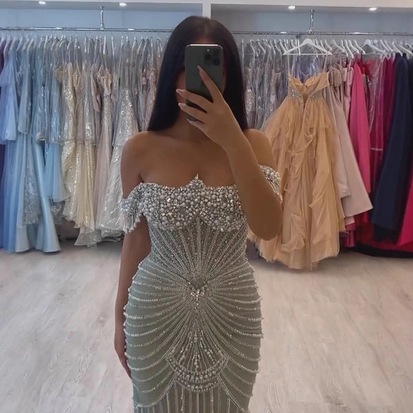 Luxury Sage Green Pearls Beaded Mermaid Evening Dress Off Shoulder LA73148