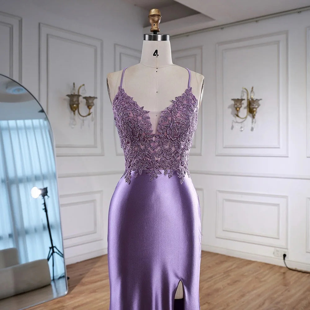 Luxury Purple Satin Prom Dress with Slit and Lace Appliques LA73040 - SERENE HILL