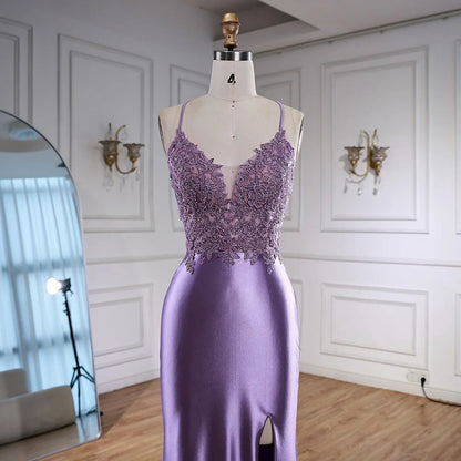 Luxury Purple Satin Prom Dress with Slit and Lace Appliques LA73040 - SERENE HILL