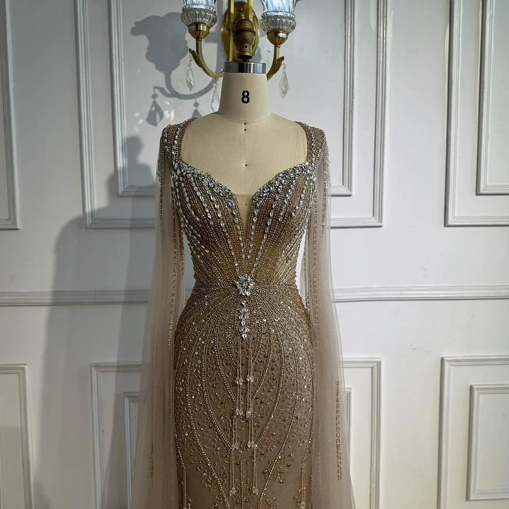 Luxury Designer Beige Beaded Evening Dress with Cape Sleeves LA72992 - SERENE HILL
