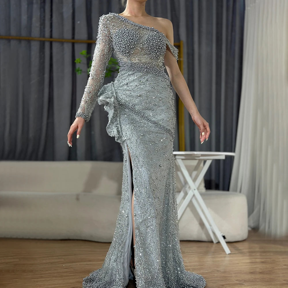 On Sale no return no refund Grey One Shoulder Luxury Evening Dresses Gowns 2025 Beaded Mermaid Elegant For Women Party Serene Hill LA71622 - SERENE HILL
