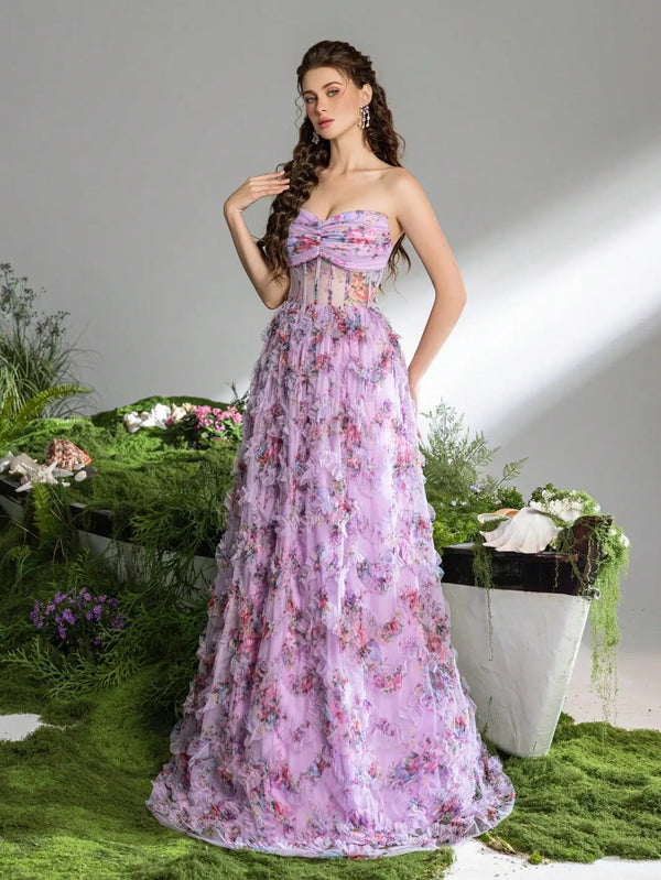 Pink A-Line Tulle Printed Ruffle Tiered Prom Dress LA73275
