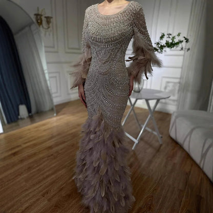 Luxury Dubai Nude Saudi Arabic Evening Gown with Beaded Feathers Dress for Formal Occasion LA72736 - SERENE HILL