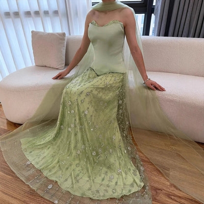 Luxury Sage Green and Pink Arabic Beaded Evening Dress LA72805D - SERENE HILL