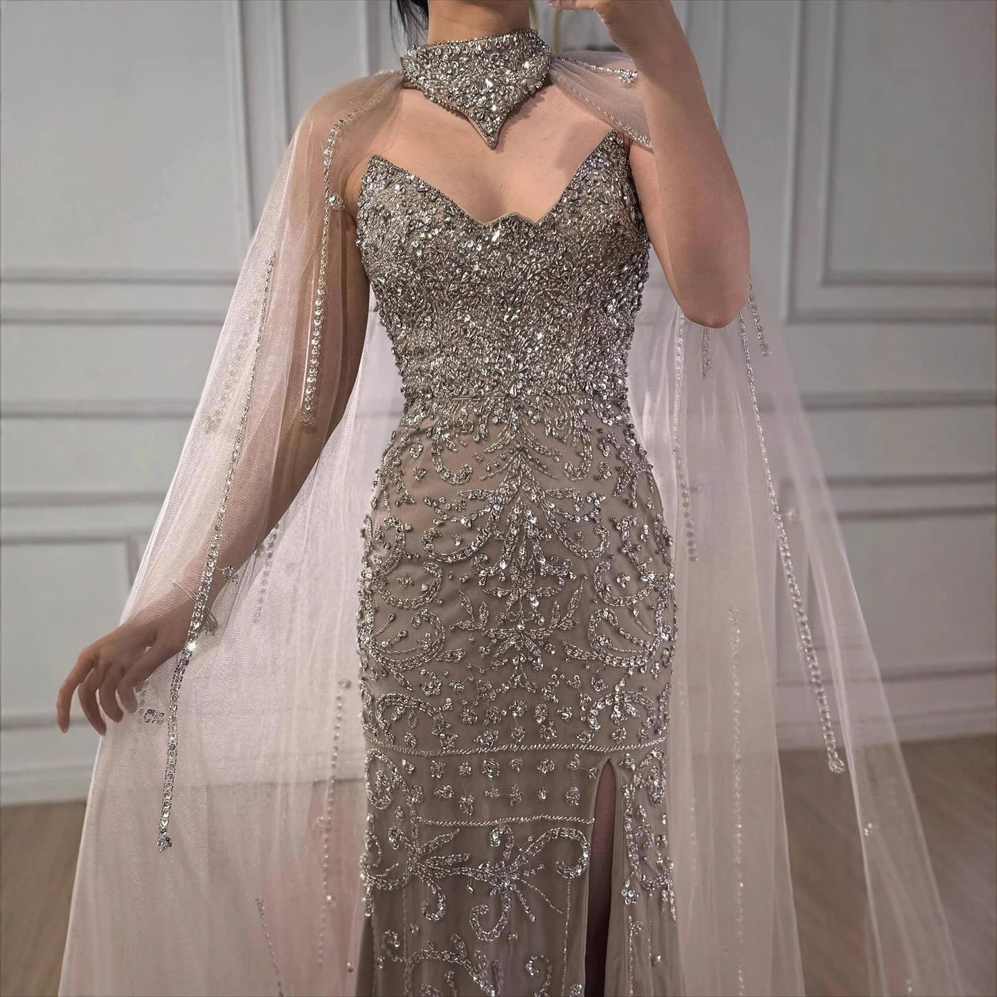 Luxury Sexy Split Evening Dress With Cape Nude LA73339 - SERENE HILL