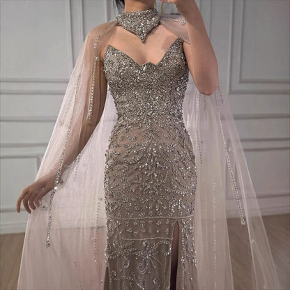 Luxury Sexy Split Evening Dress With Cape Nude LA73339 - SERENE HILL