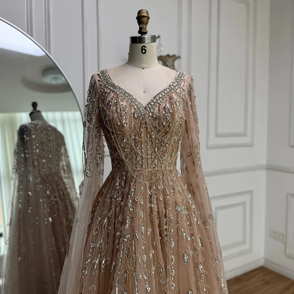 Luxury Nude Beaded Evening Dress with Cape Sleeves for Formal Occasion LA72764A - SERENE HILL