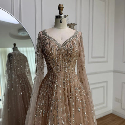 Luxury Nude Beaded Evening Dress with Cape Sleeves for Formal Occasion LA72764A - SERENE HILL