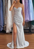 Serene Hill Arabic Silver Elegant Mermaid Spaghetti Straps Glitter Prom Dress with Pleated Split for Women&
