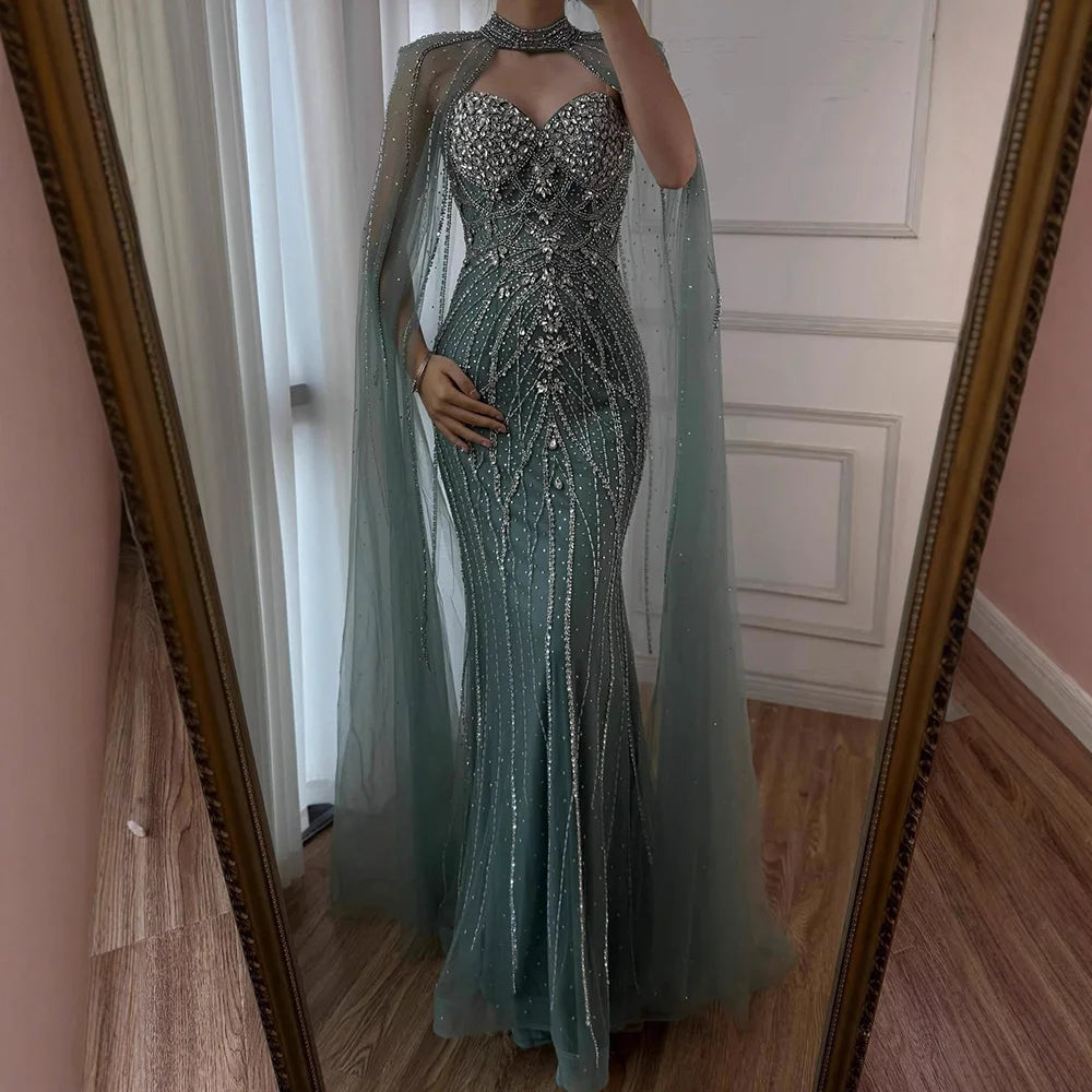 Luxury Turquoise Beaded Cape Sleeve Saudi Arabic Evening Dress LA73136A - SERENE HILL