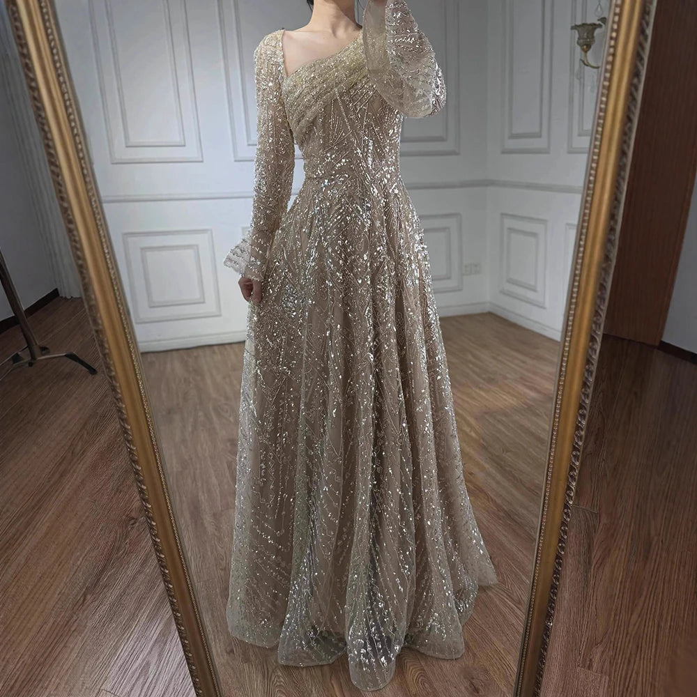 Luxury Turquoise Beaded A-Line Evening Dress with Puffy Sleeves LA73177 - SERENE HILL
