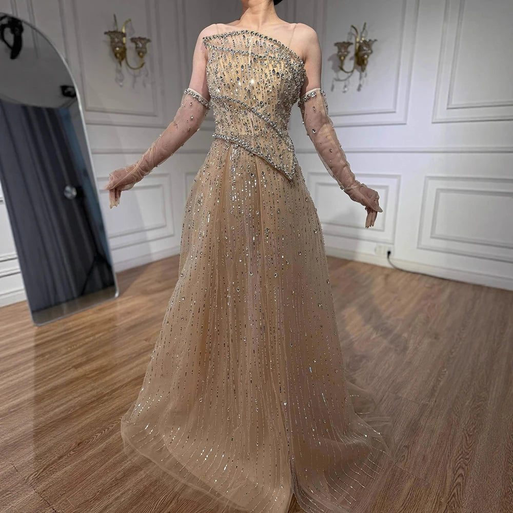 Luxury Nude Crystal Beaded A-Line Evening Dress with Split LA72949 - SERENE HILL