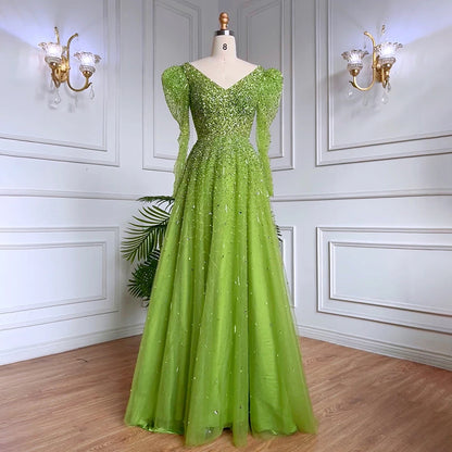 Green Mermaid Elegant With Skirt Sleeves Beaded Evening Dresses Gowns For Party LA71762 - SERENE HILL