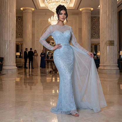 Luxury Dubai  Elegant Blue Saudi Arabic Evening Gown with Beaded Side Overskirt Dress for Formal Occasion LA72734 - SERENE  HILL