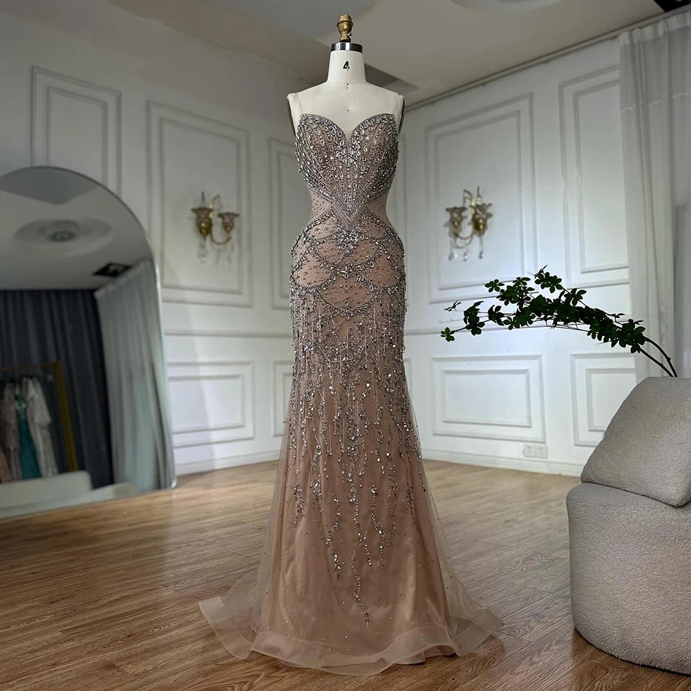 Luxury Nude Cape Sleeves Beaded Crystal Evening Dress LA72806 - SERENE HILL