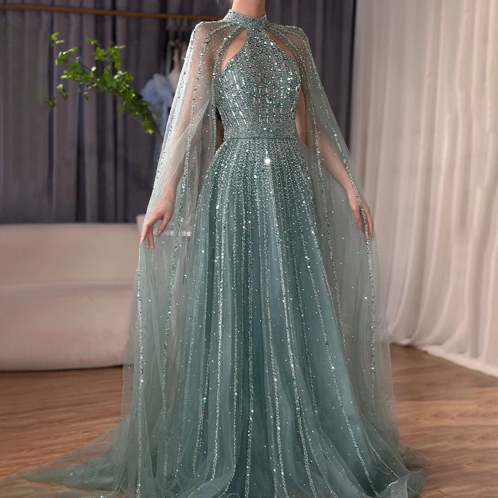 Luxury Turquoise A-Line Cape Sleeve Beaded Evening Dress Plus Size LA72306A - SERENE HILL