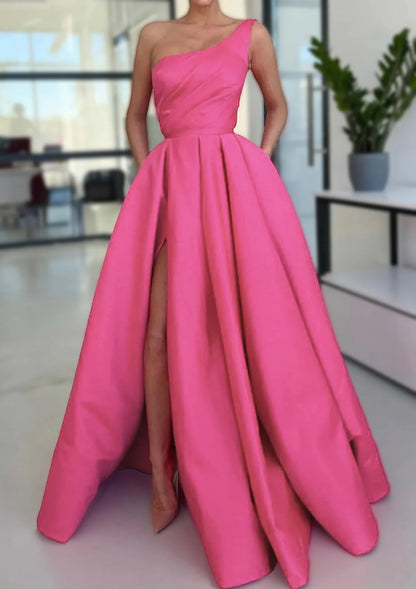 Serene Hill Arabic Pink A-Line One-Shoulder Floor-Length Satin Prom Dress with Split, Ruffles, and Pockets for Women&