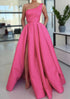 Serene Hill Arabic Pink A-Line One-Shoulder Floor-Length Satin Prom Dress with Split, Ruffles, and Pockets for Women&