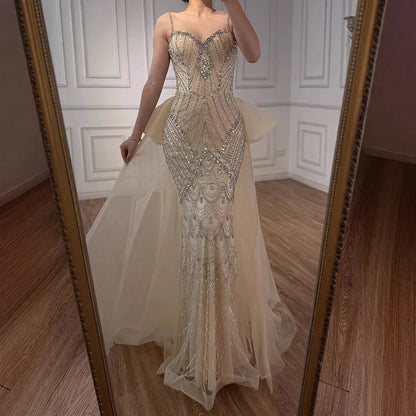 Luxury Pink Crystal Beaded Mermaid Evening Dress with Overskirt LA73143 - SERENE HILL