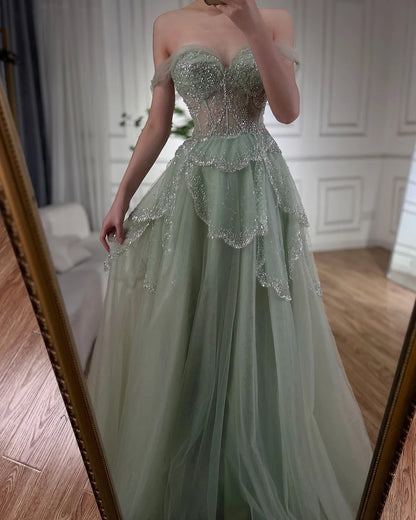 Luxury Sage Green Beaded A-Line Off-Shoulder Evening Dress LA72605 - SERENE HILL