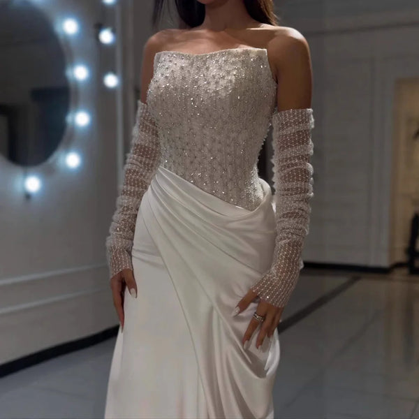 White Strapless Beaded Evening Dress with Detachable Sleeves LA72293A