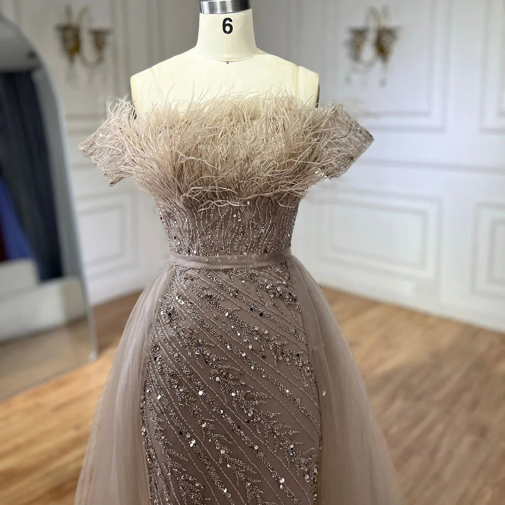 Luxury Dubai Saudi Arabic Beaded Caramel Mermaid Elegant Evening Dresses Gowns with Overskirt for Formal Occasion LA71634A - SERENE HILL