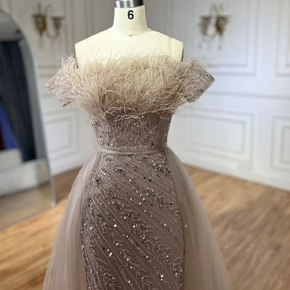 Luxury Dubai Saudi Arabic Beaded Caramel Mermaid Elegant Evening Dresses Gowns with Overskirt for Formal Occasion LA71634A - SERENE HILL